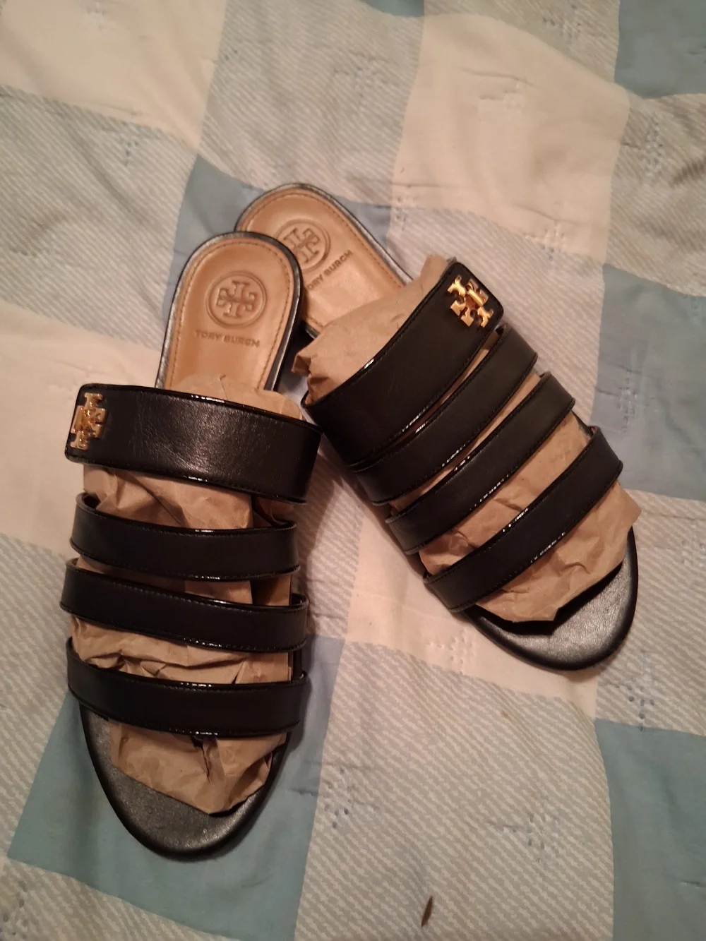 Tory Burch Black Multi-Strap Slide Sandals with Gold Emblem
